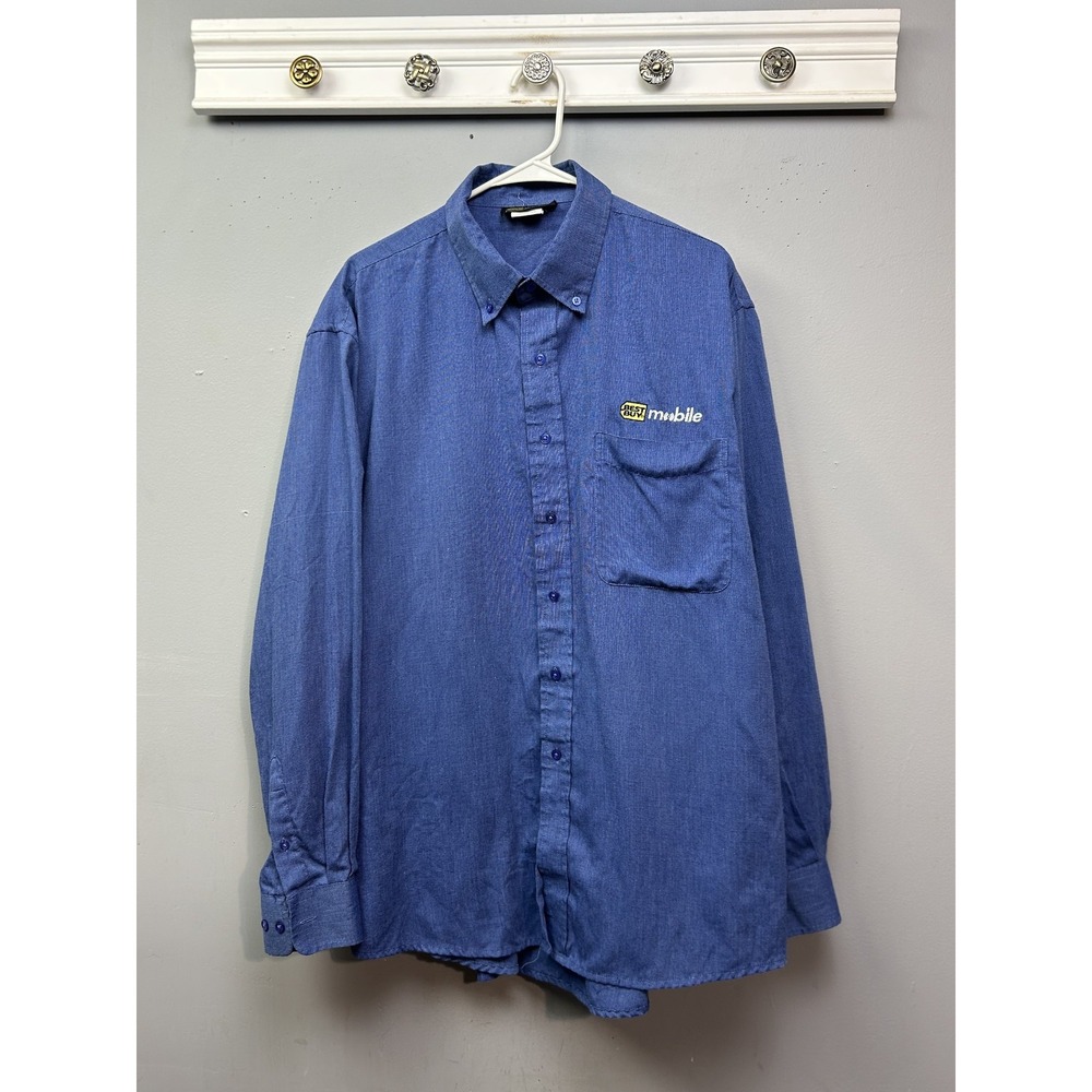 Best Buy‎ Button Down Mens Large Blue Mobile Uniform Long Sleeve Work Shirt Logo